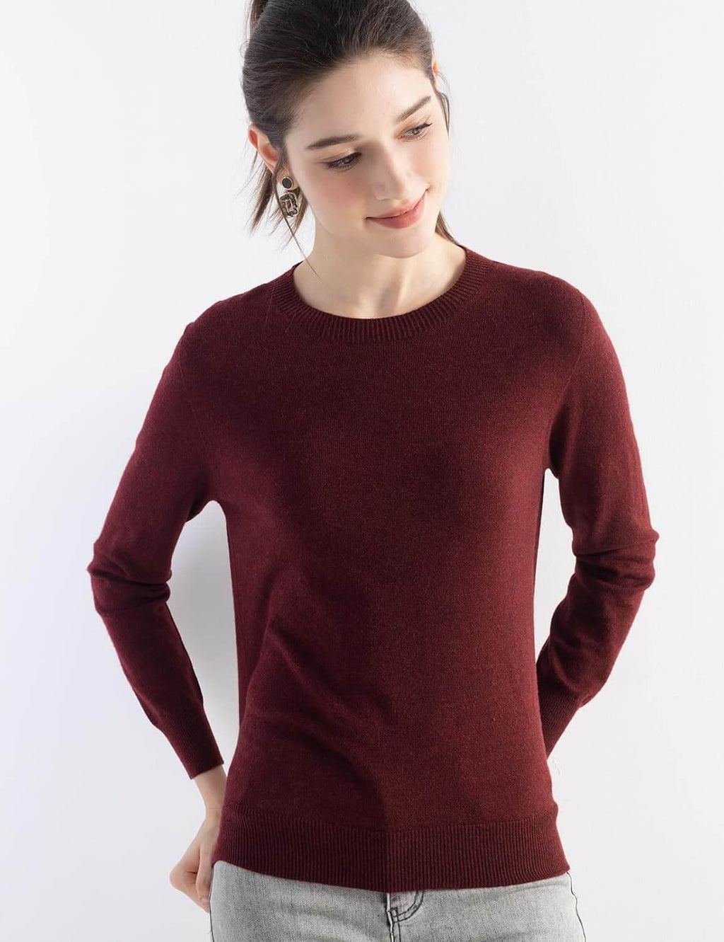 Merino Wool Blend Crew Neck Seamless Knit Sweater