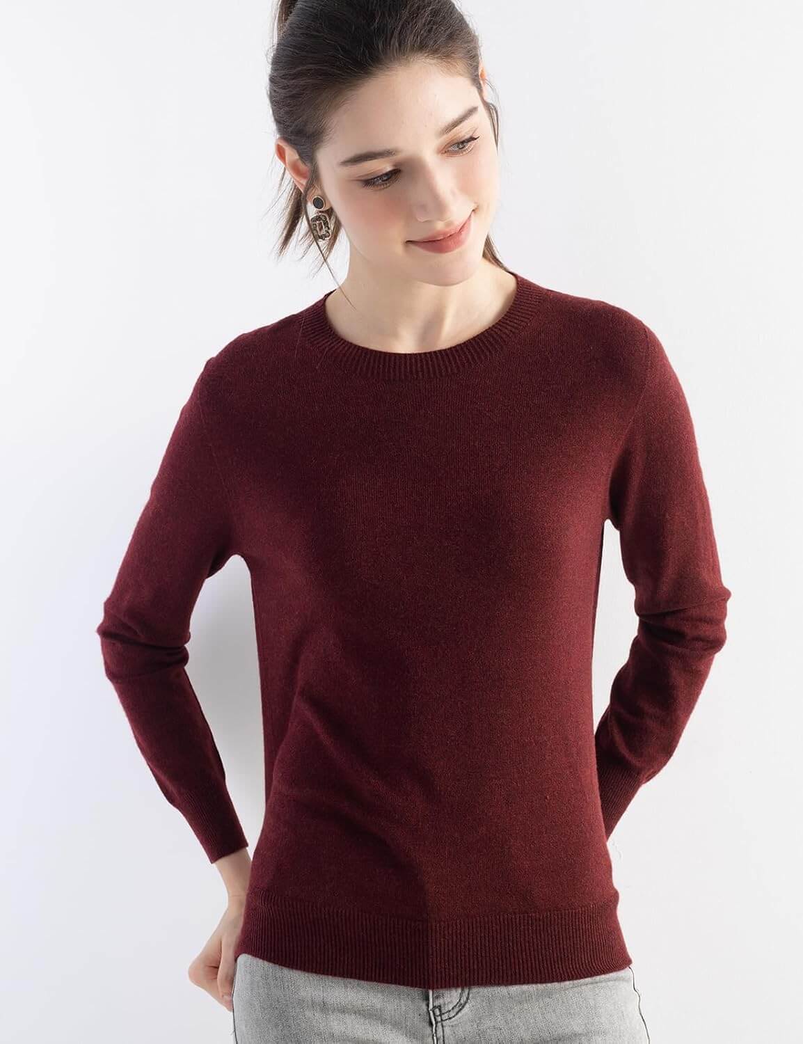 Merino Wool Blend Crew Neck Seamless Knit Sweater