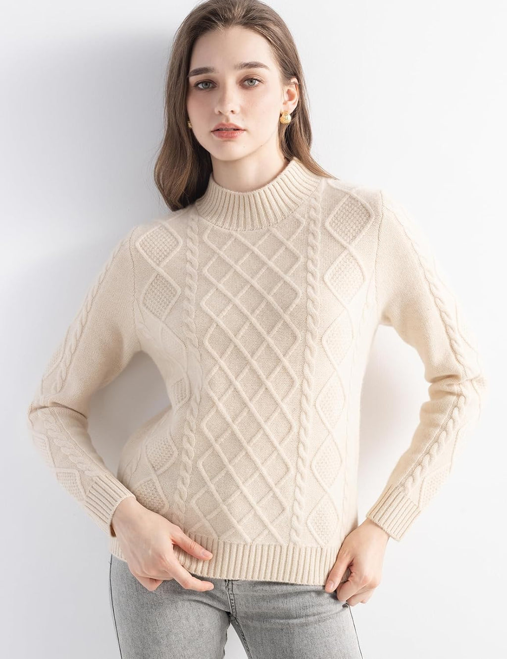 Mongolian Cashmere Casual Mock Neck Cable Sweater