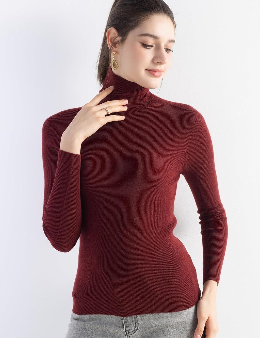 Merino Wool Blend Ribbed Turtleneck Slim Fit Sweater