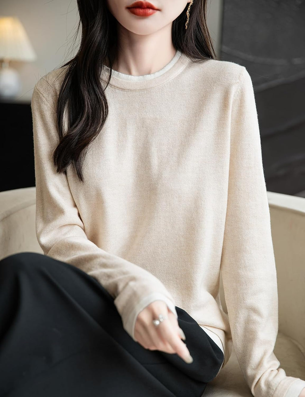 Merino Wool Blend Color Block Fake Two-Piece Crewneck Knit Top