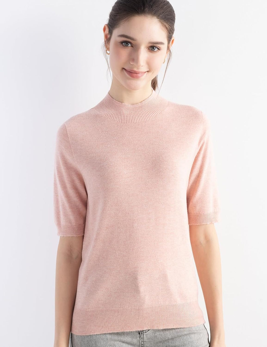 Merino Wool Blend Mock Neck Short Sleeve Seamless Knit Sweater
