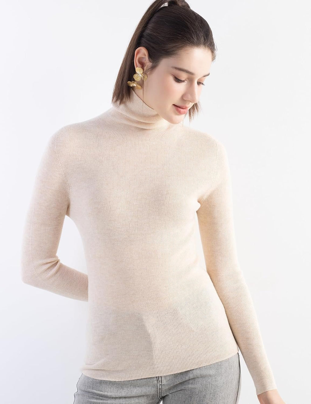 Merino Wool Blend Ribbed Turtleneck Slim Fit Sweater