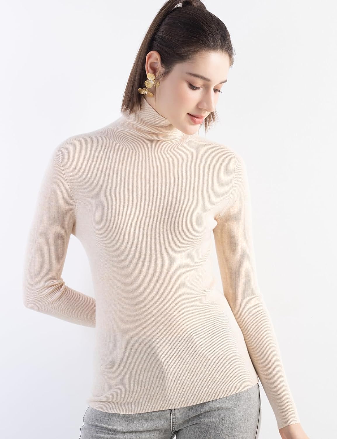Merino Wool Blend Ribbed Turtleneck Slim Fit Sweater