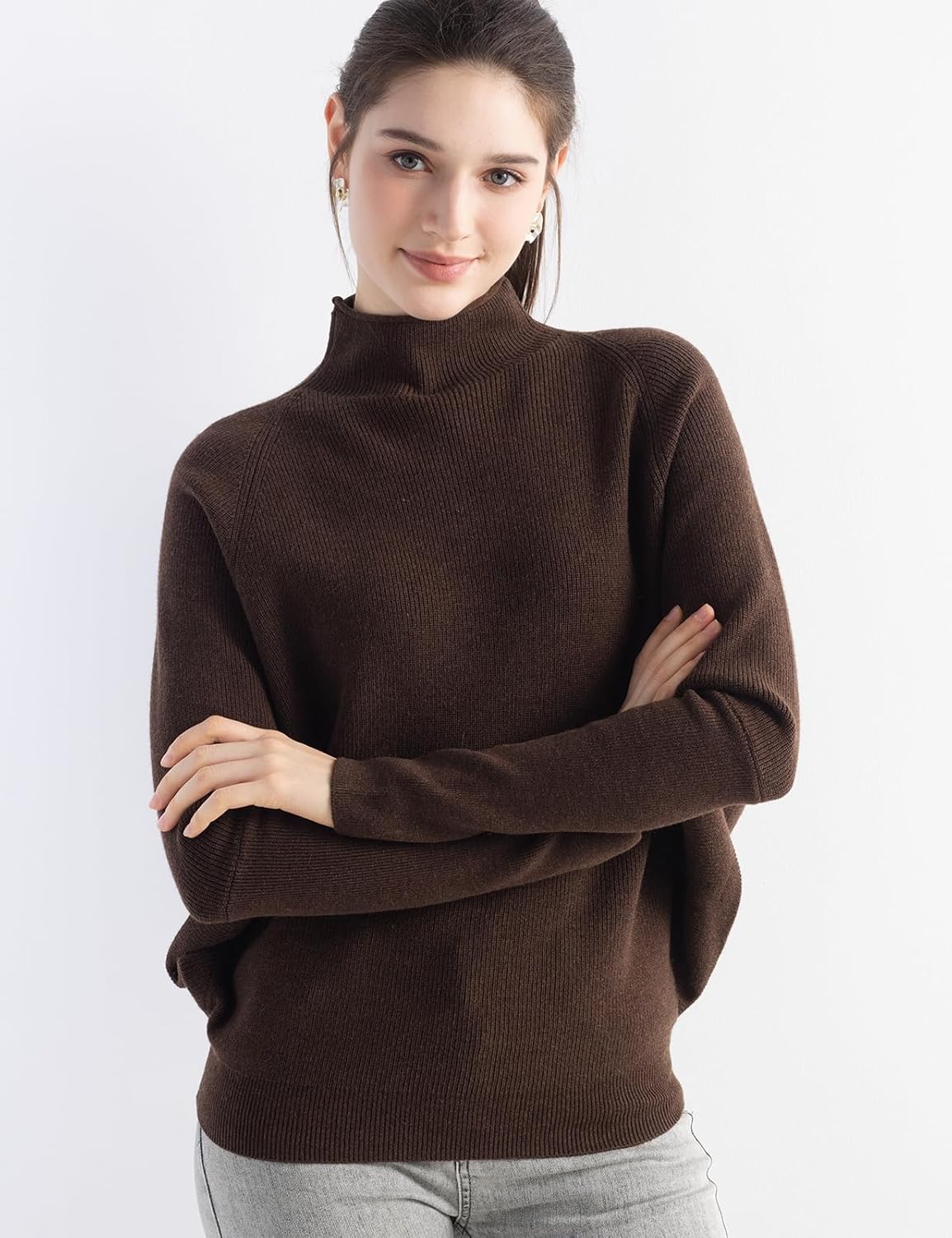 Merino Wool Blend Oversized Mock Neck Batwing Knit Sweater