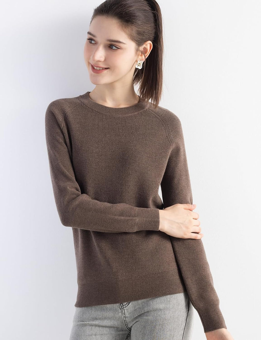 Merino Wool Blend Crew Neck Knit Sweater