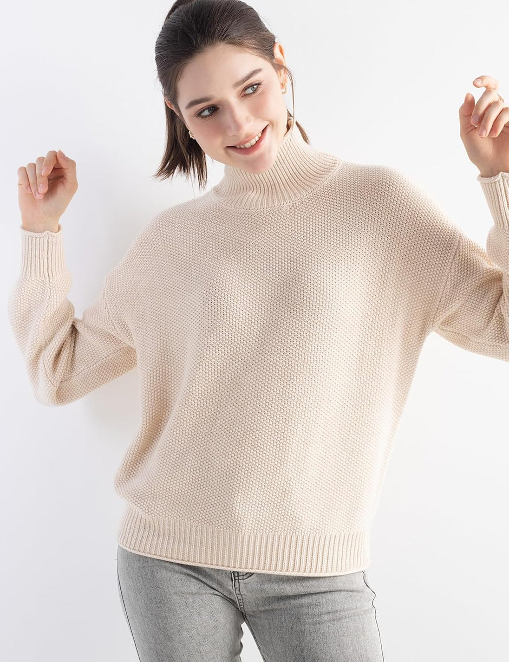 Merino Wool Blend Mock Neck Loose Knit Sweater