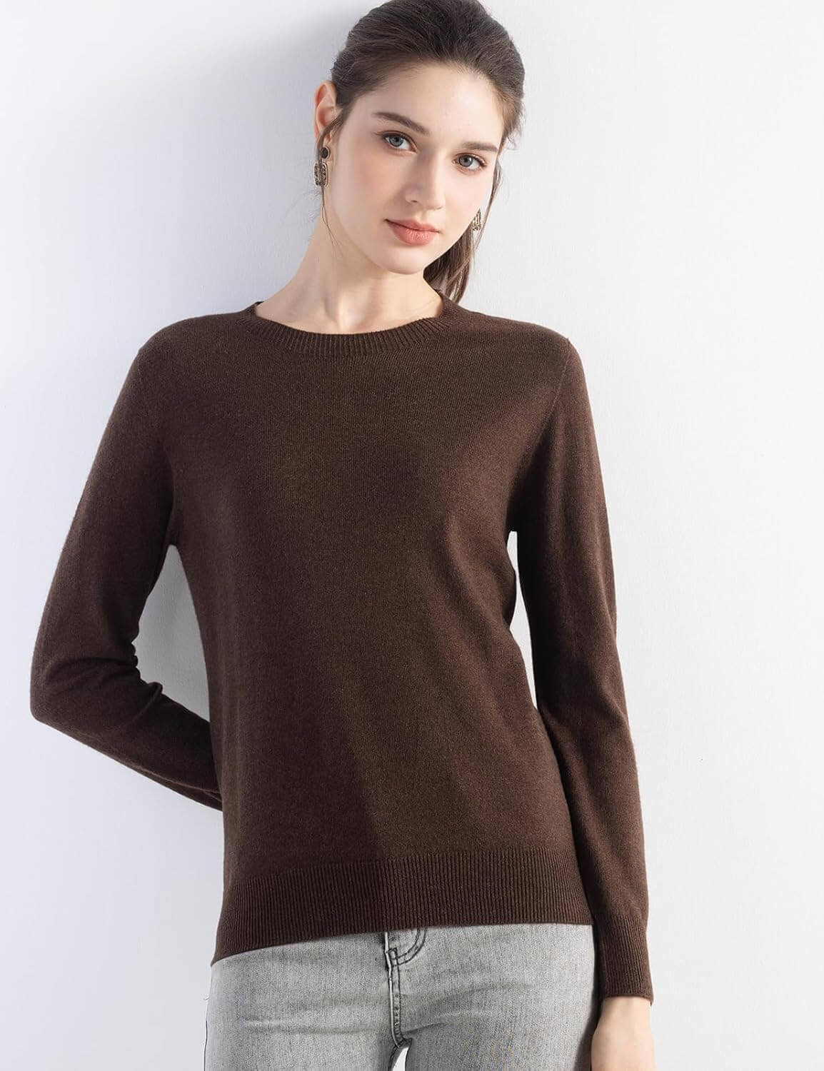 Merino Wool Blend Crew Neck Seamless Knit Sweater