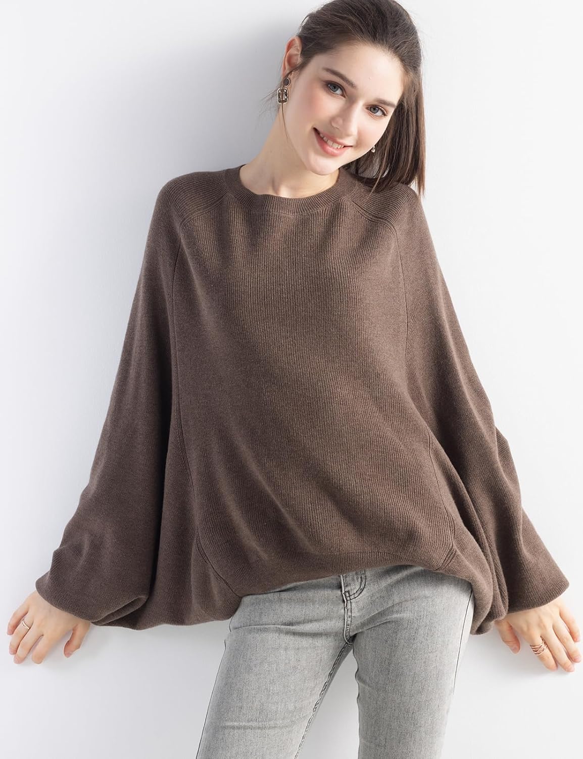 Merino Wool Blend Oversized Crewneck Batwing Sweater