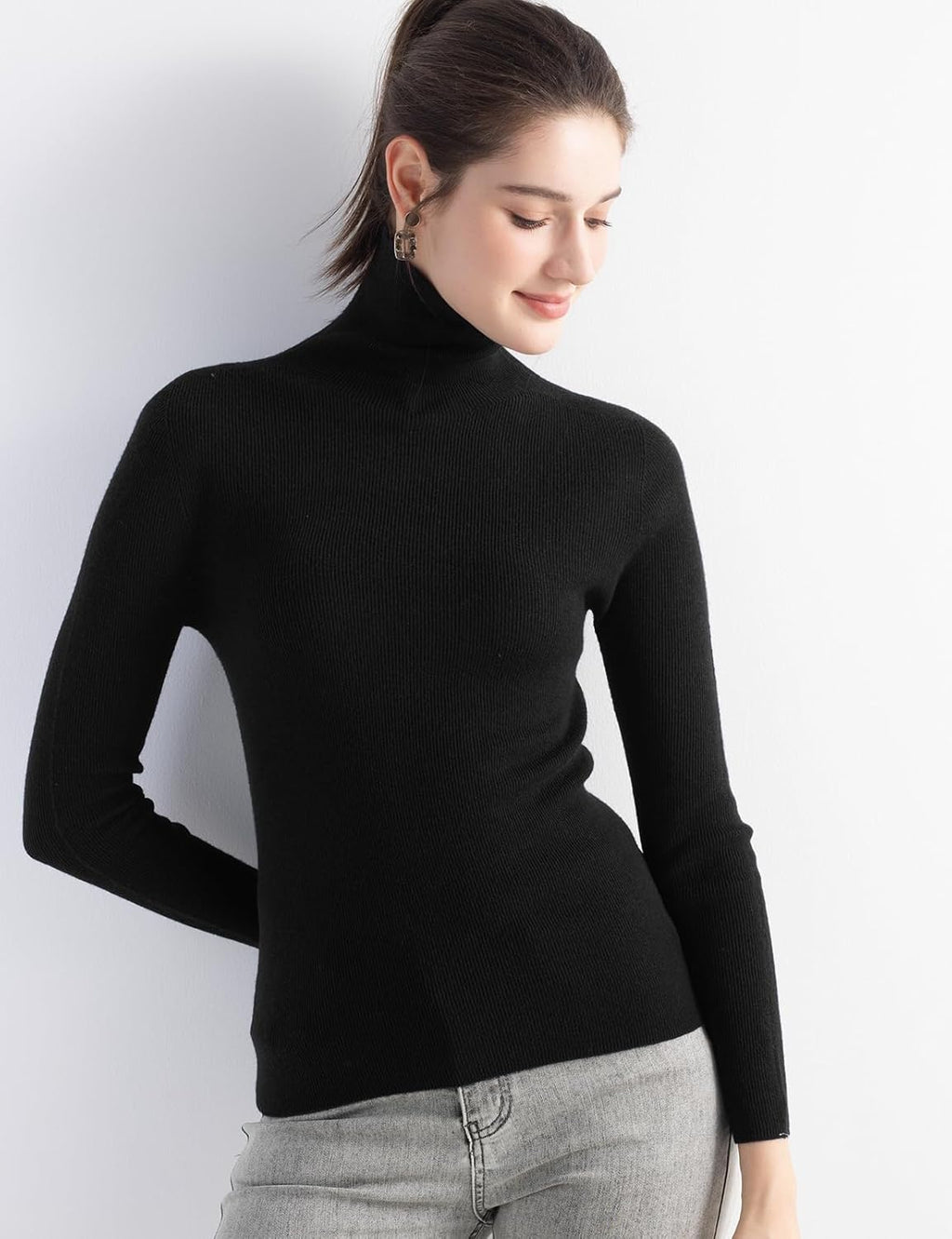 Merino Wool Blend Ribbed Turtleneck Slim Fit Sweater