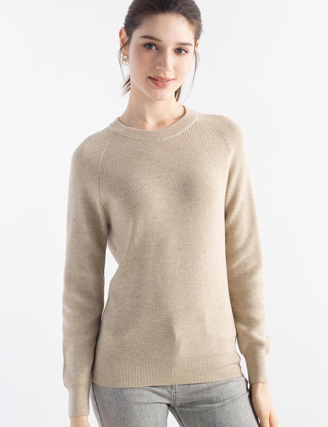 Merino Wool Blend Crew Neck Knit Sweater