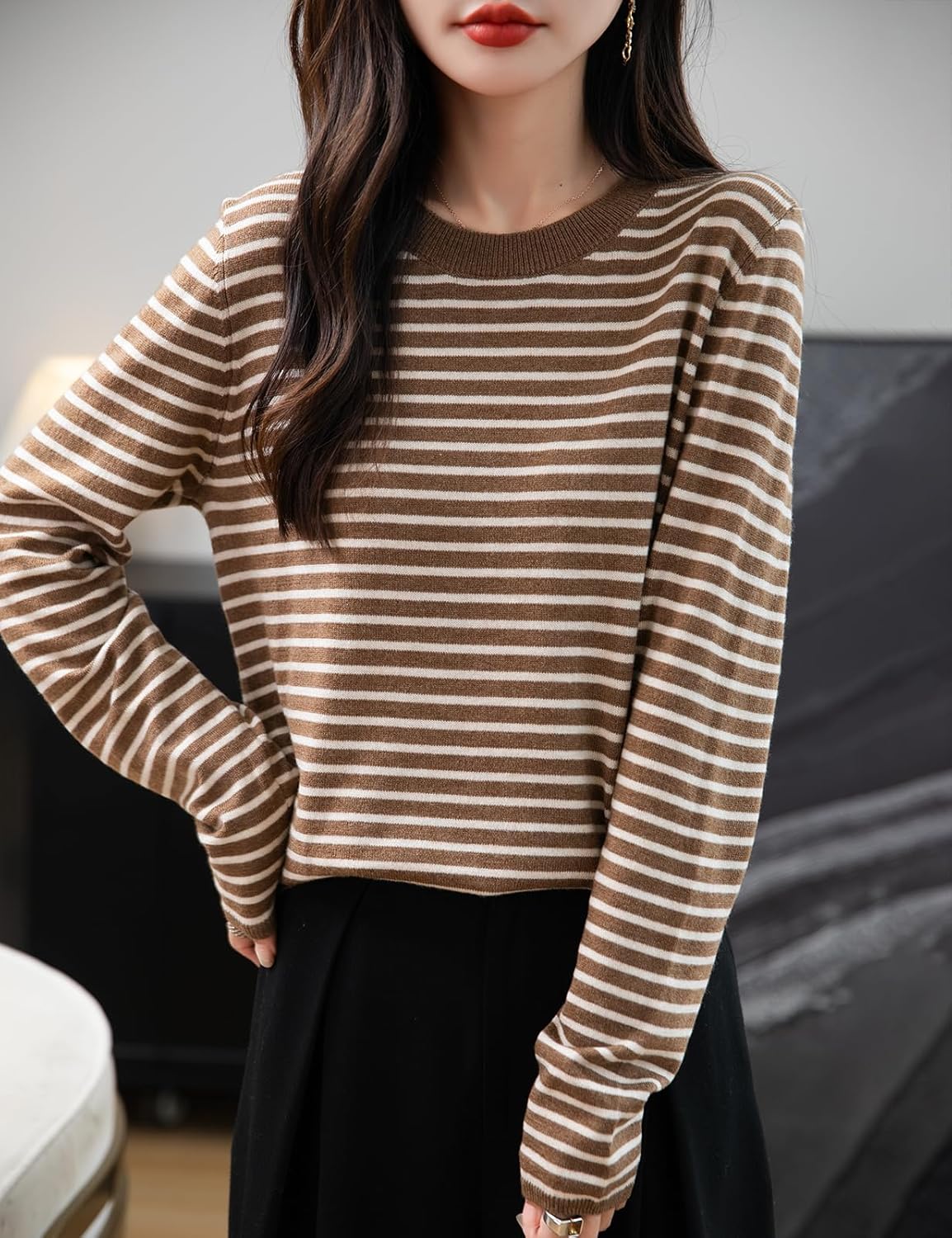 Merino Wool Blend Striped Crewneck Sweater