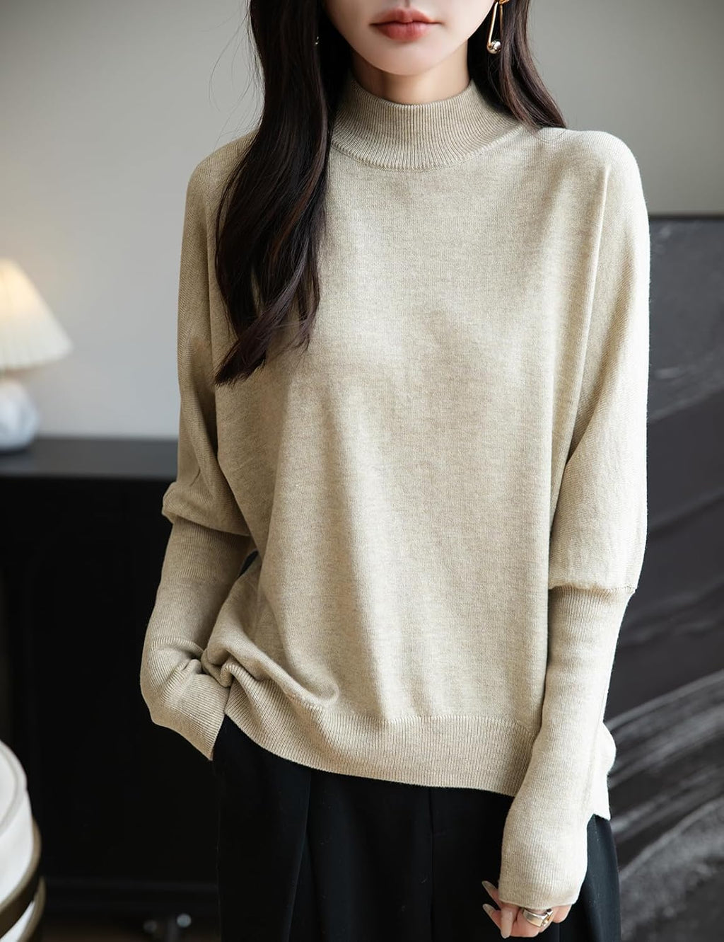 Merino Wool Blend Mock Neck Batwing Sleeve Sweater