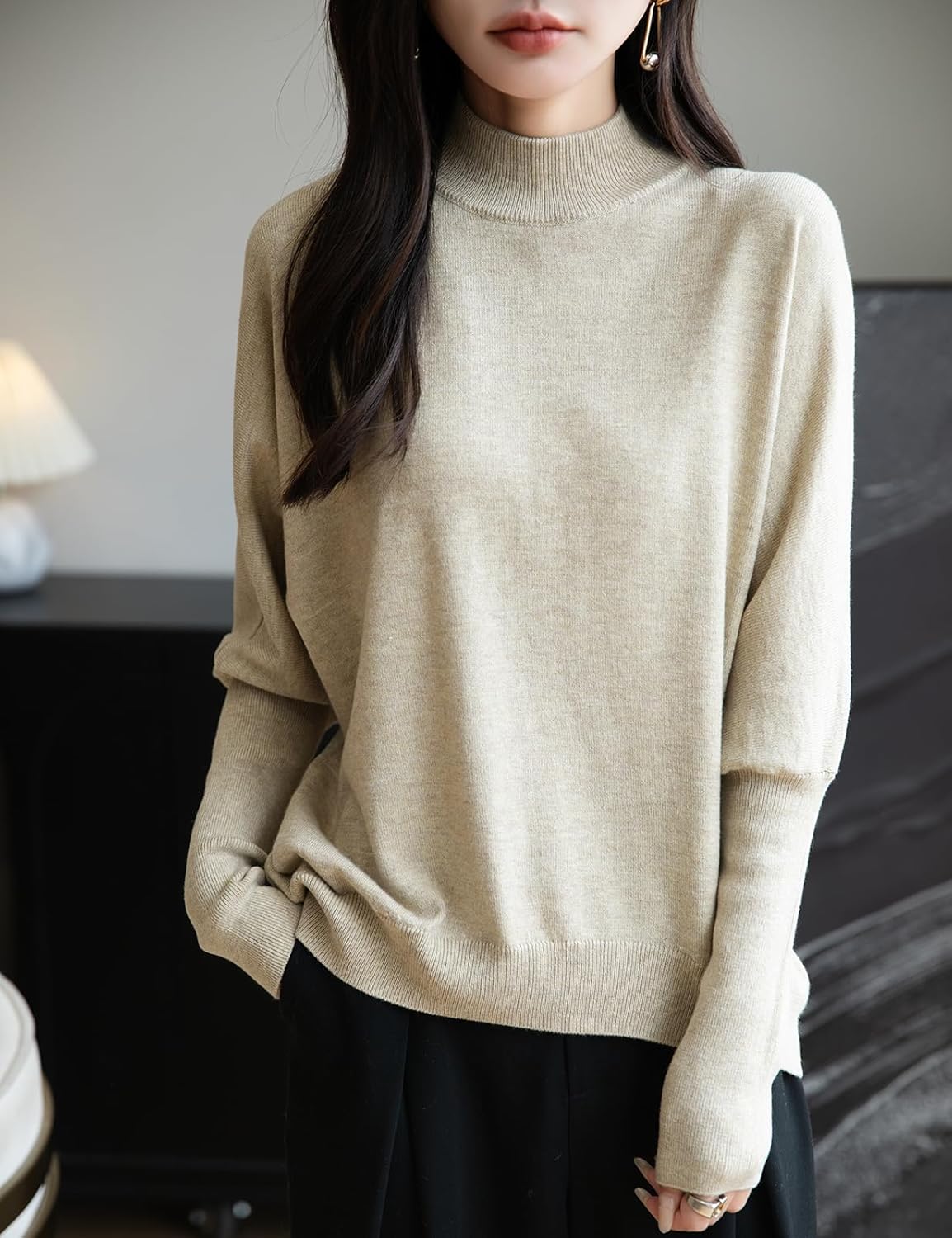 Merino Wool Blend Mock Neck Batwing Sleeve Sweater