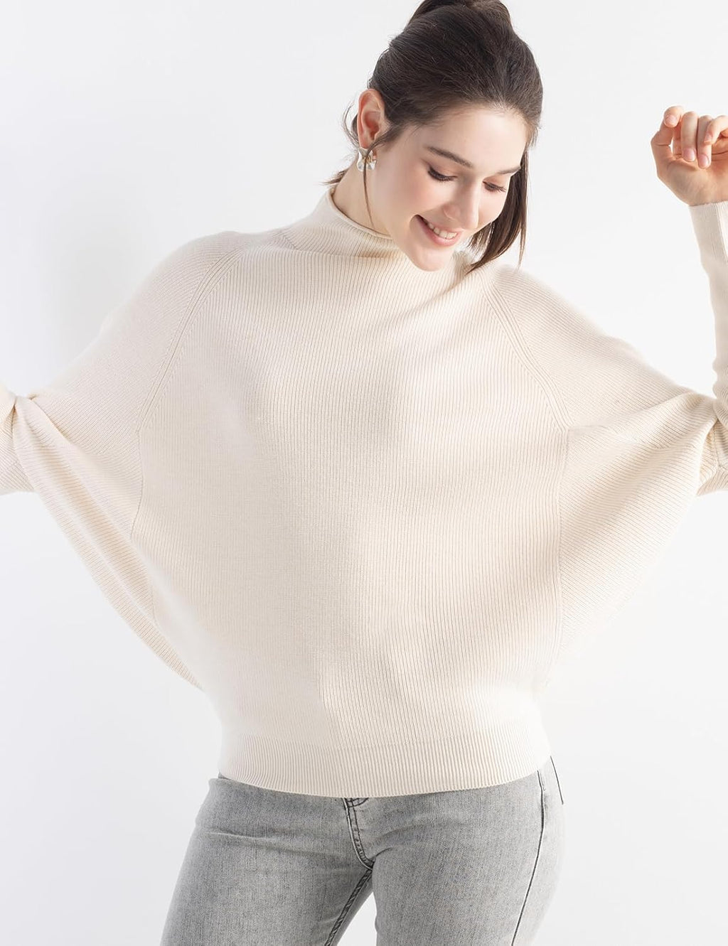 Merino Wool Blend Oversized Mock Neck Batwing Knit Sweater