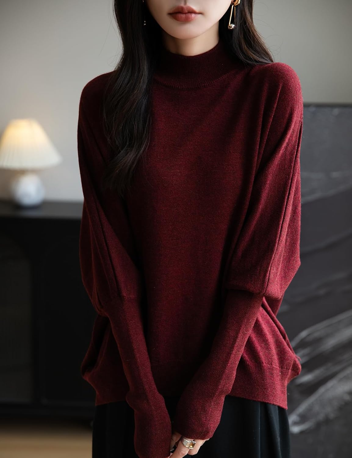 Merino Wool Blend Mock Neck Batwing Sleeve Sweater