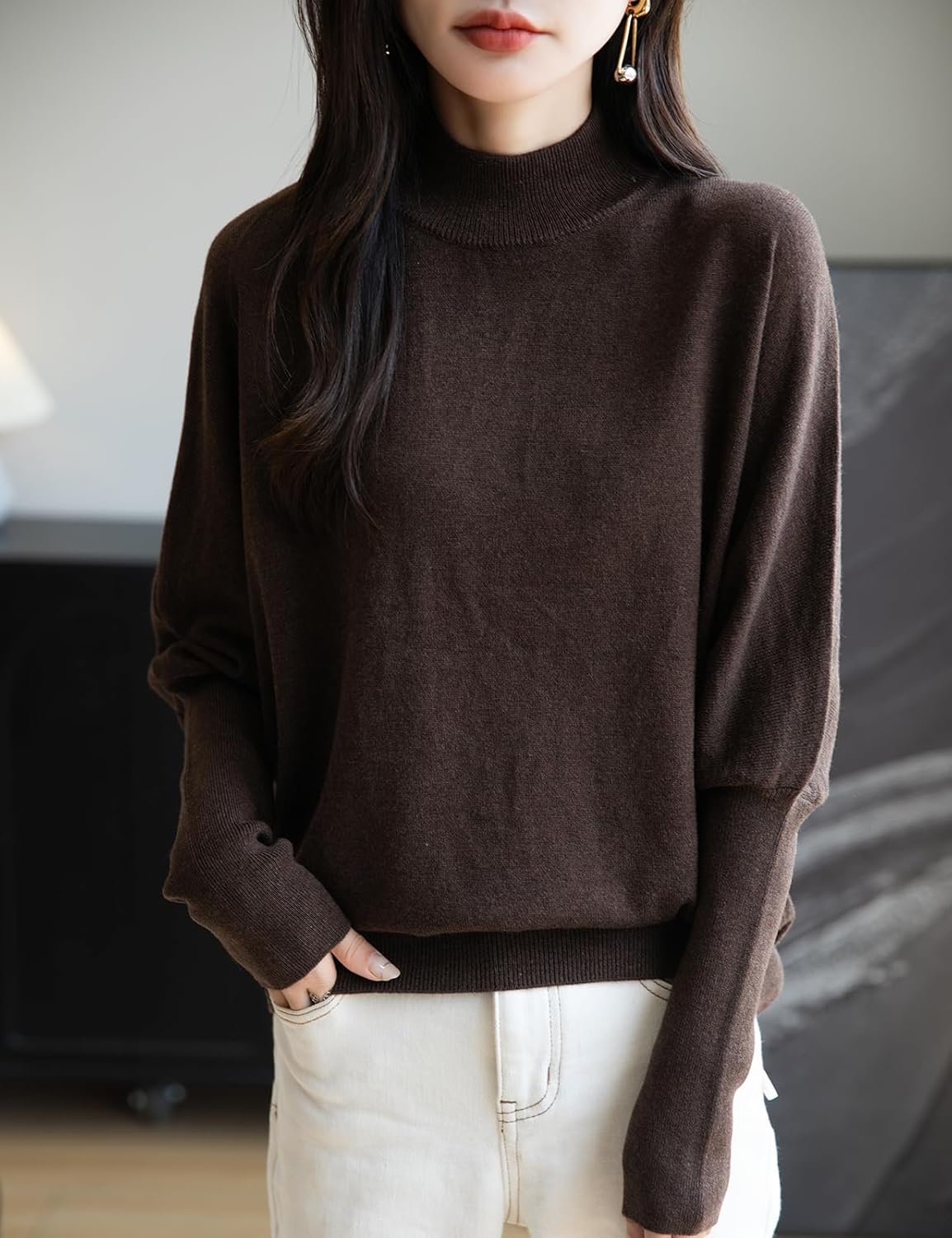 Merino Wool Blend Mock Neck Batwing Sleeve Sweater