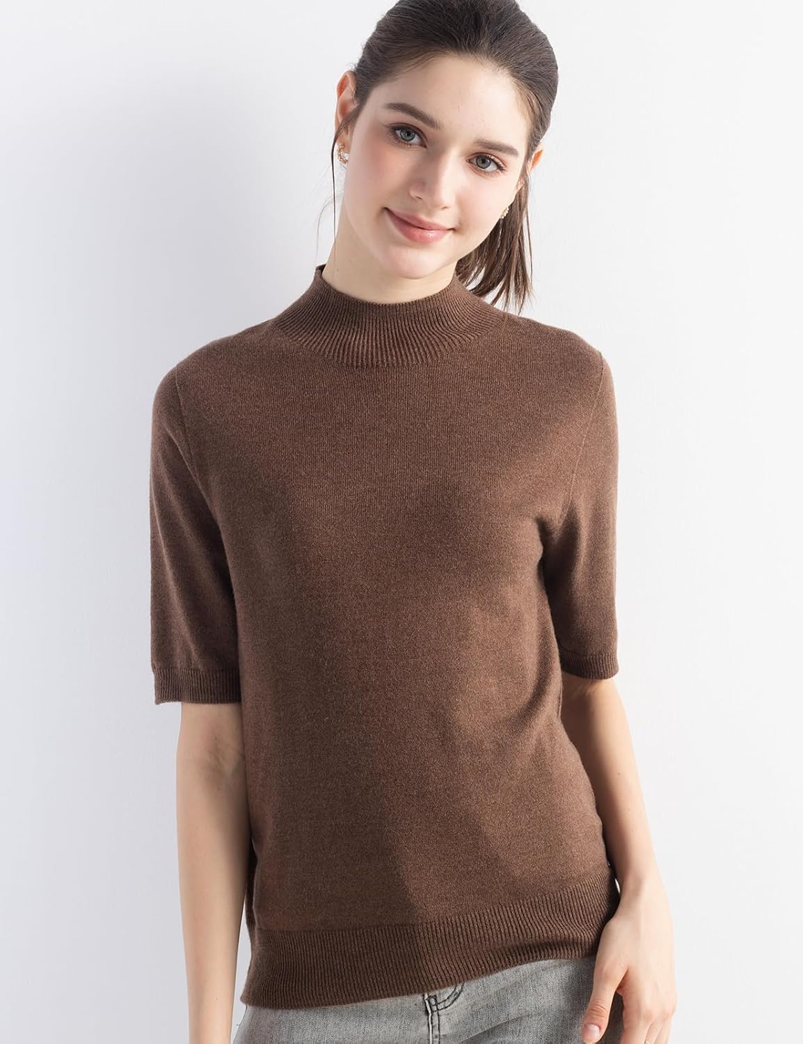 Merino Wool Blend Mock Neck Short Sleeve Seamless Knit Sweater