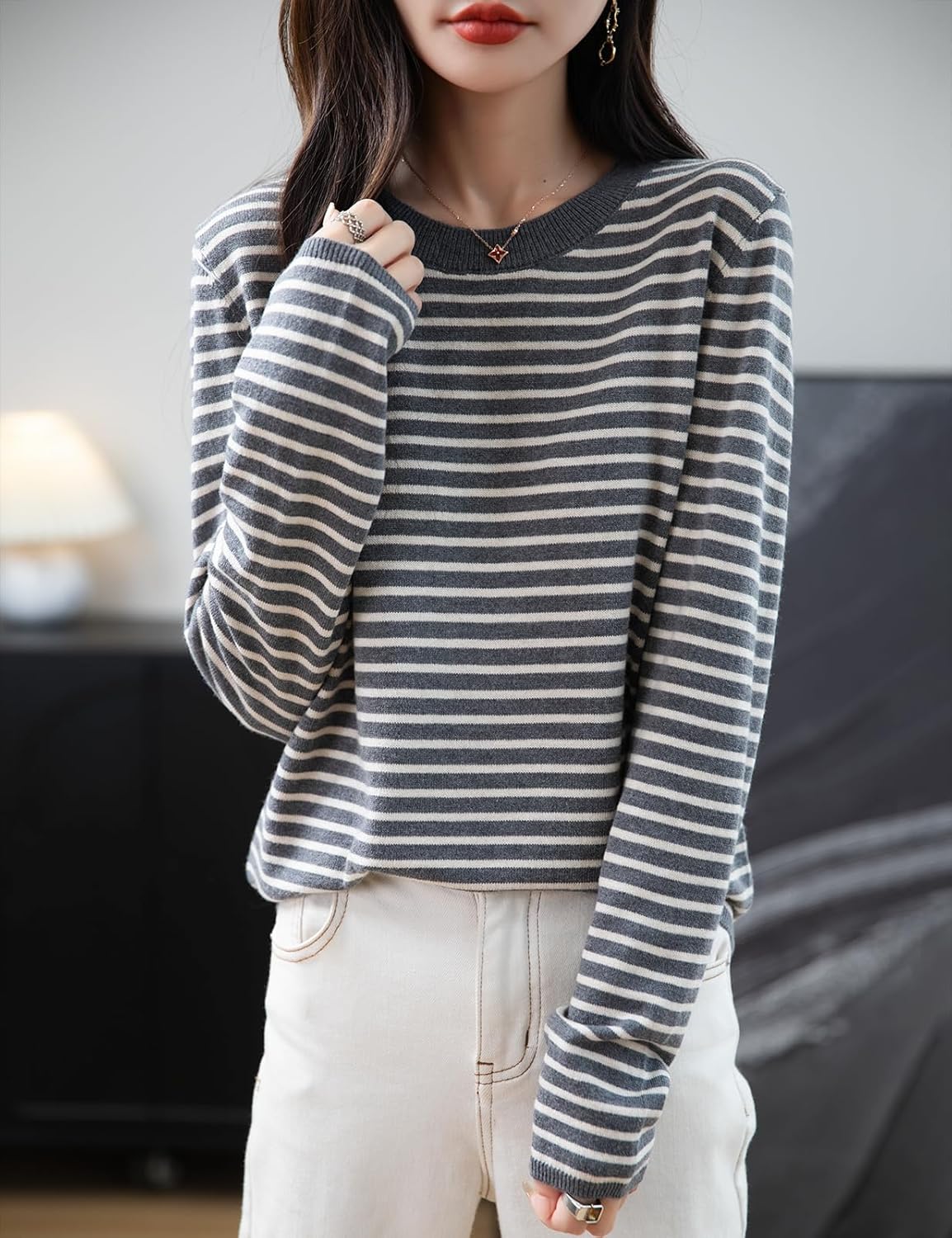 Merino Wool Blend Striped Crewneck Sweater