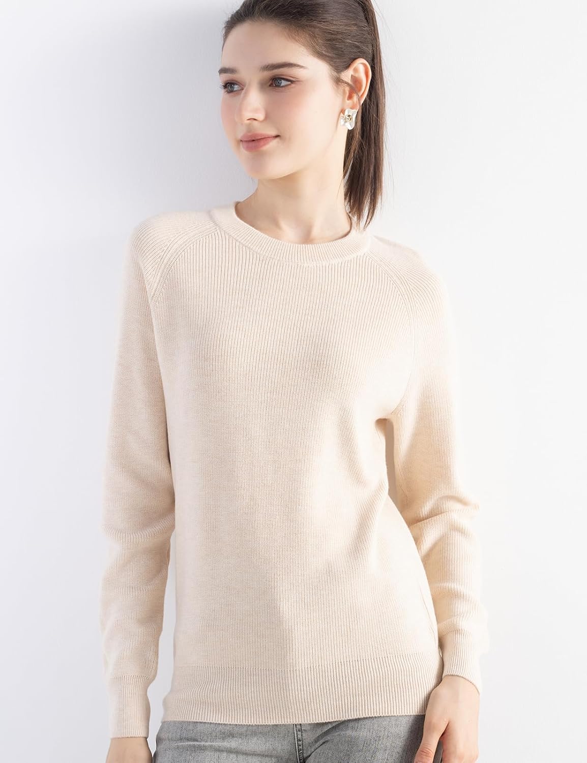 Merino Wool Blend Crew Neck Knit Sweater