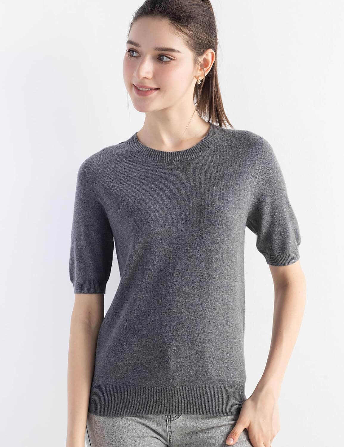Merino Wool Blend Crew Neck Short Sleeve Seamless Knit Sweater