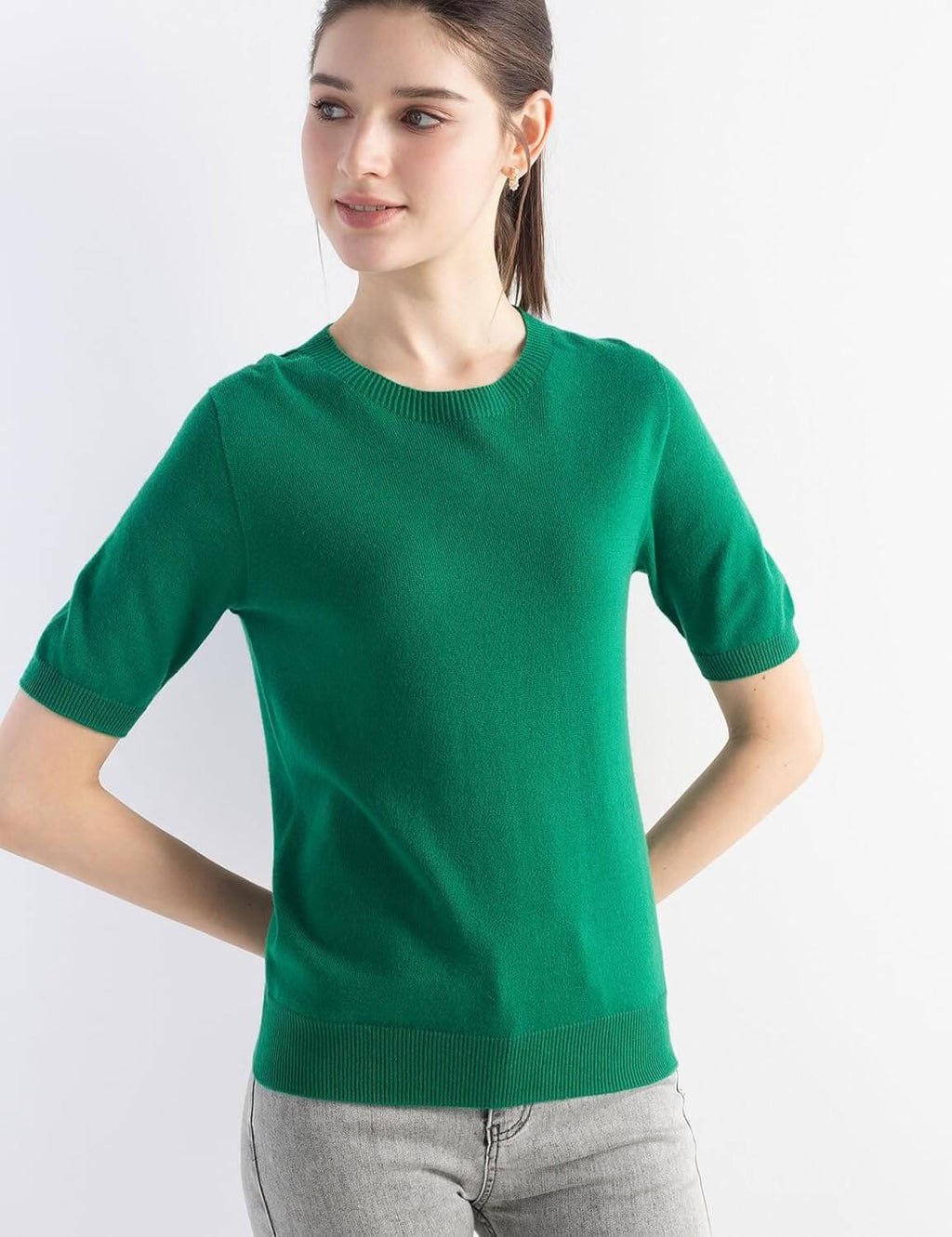 Merino Wool Blend Crew Neck Short Sleeve Seamless Knit Sweater