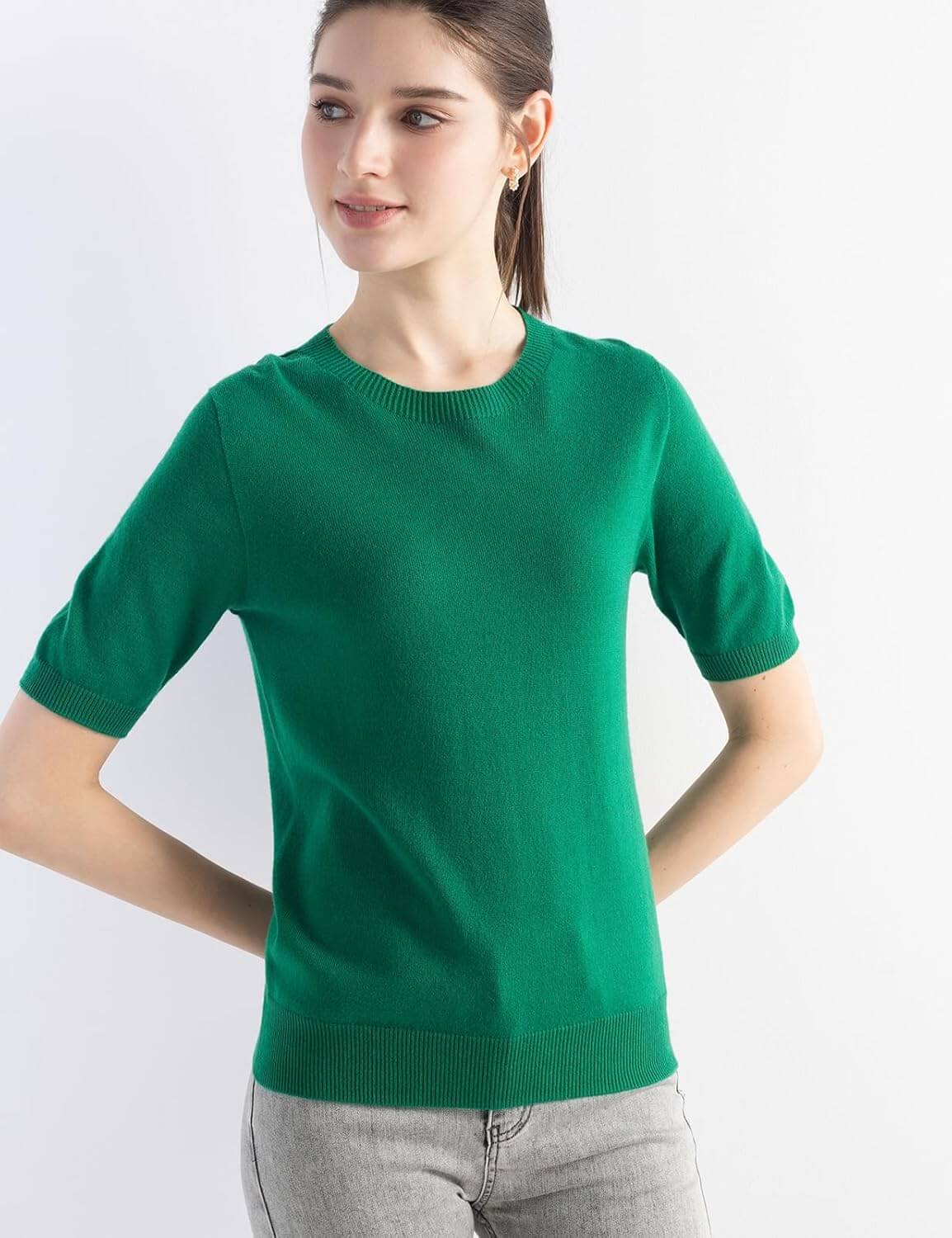 Merino Wool Blend Crew Neck Short Sleeve Seamless Knit Sweater