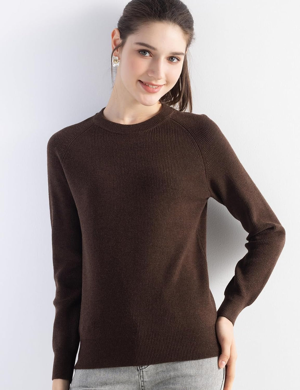 Merino Wool Blend Crew Neck Knit Sweater