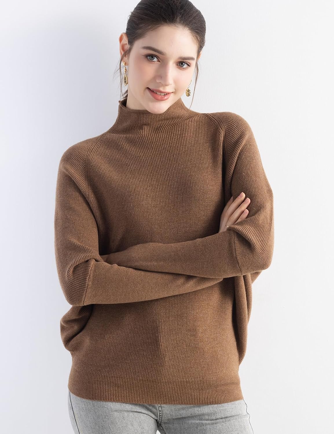 Merino Wool Blend Oversized Mock Neck Batwing Knit Sweater