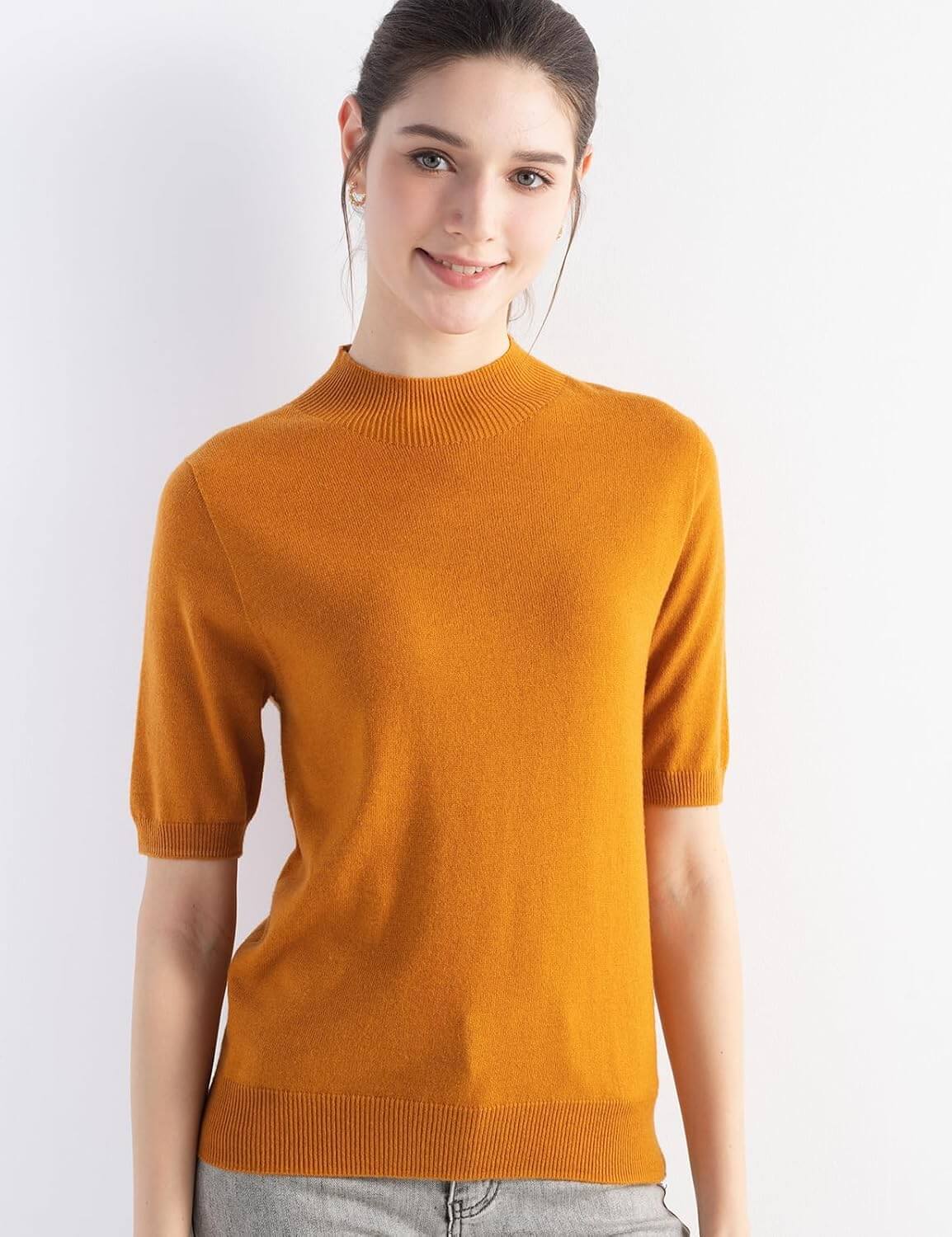Merino Wool Blend Mock Neck Short Sleeve Seamless Knit Sweater