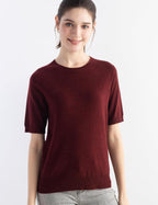 Merino Wool Blend Crew Neck Short Sleeve Seamless Knit Sweater