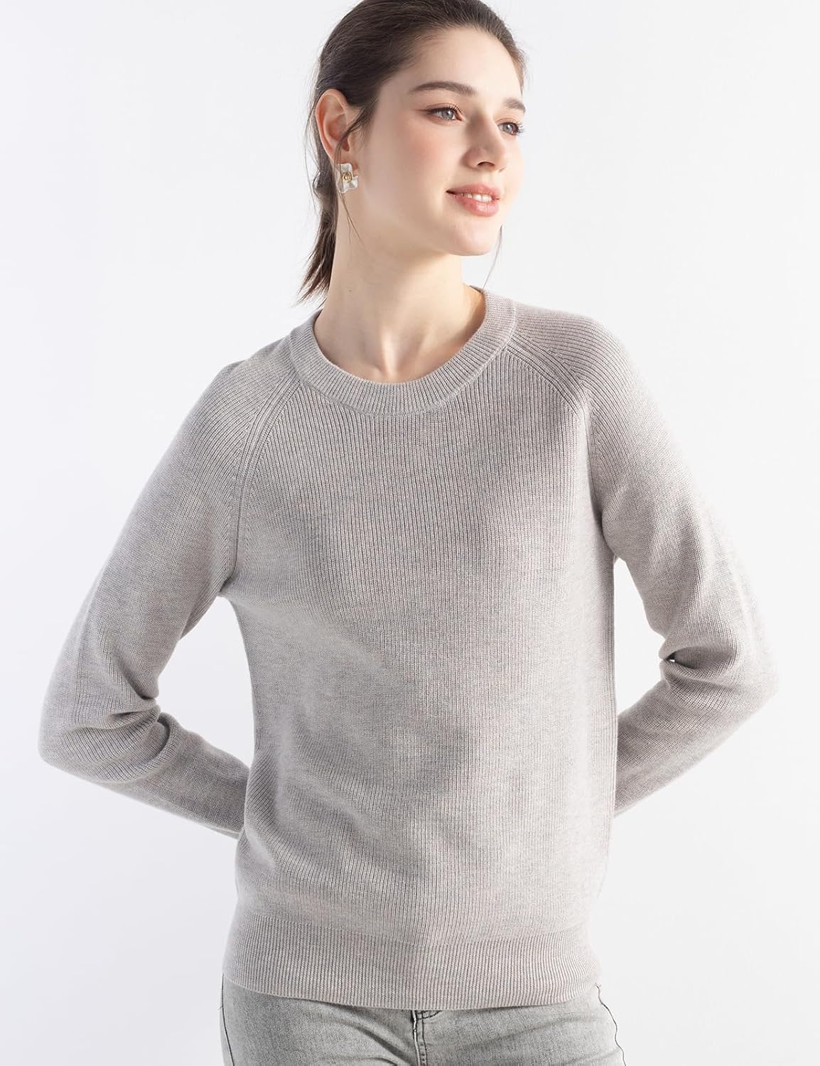 Merino Wool Blend Crew Neck Knit Sweater