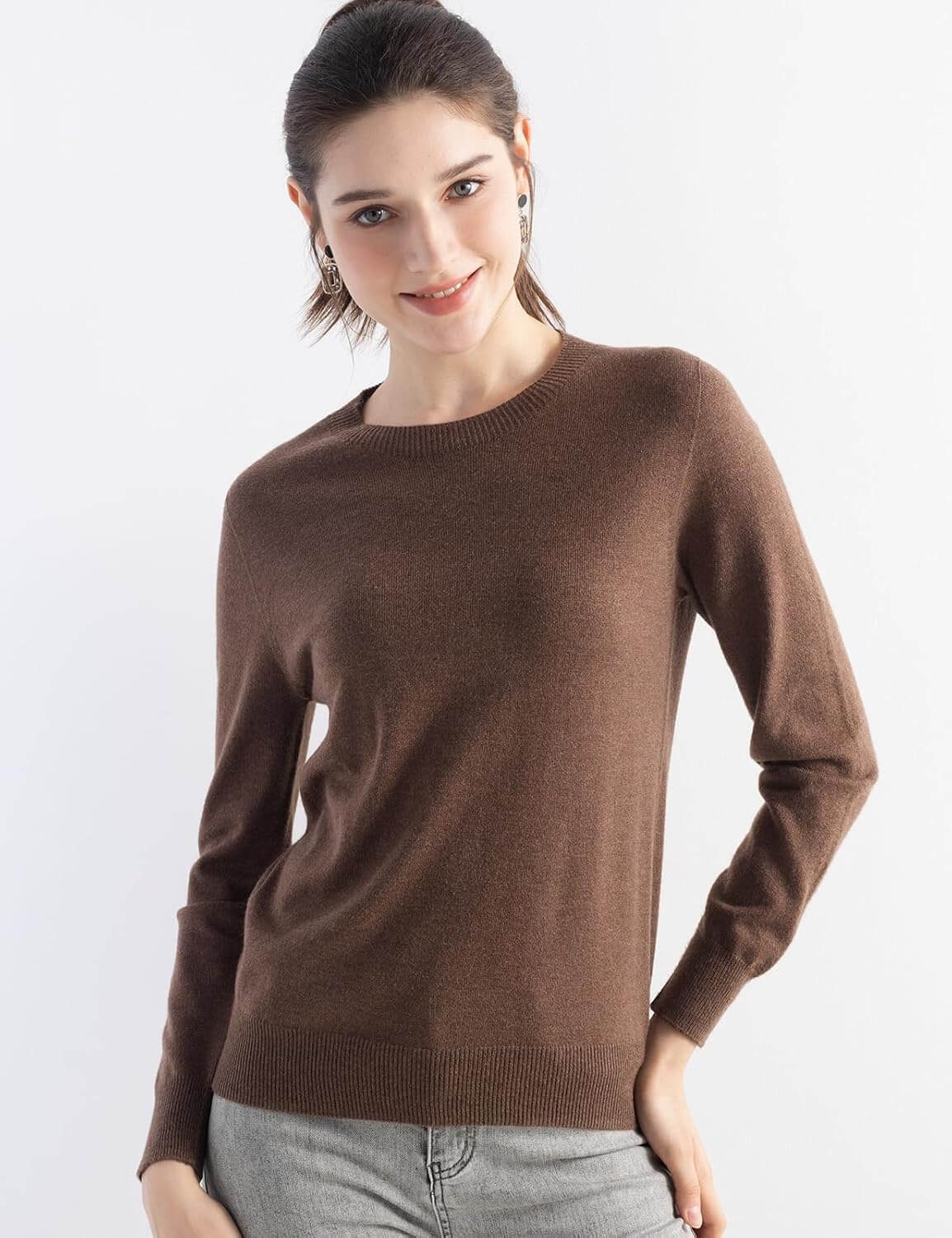 Merino Wool Blend Crew Neck Seamless Knit Sweater