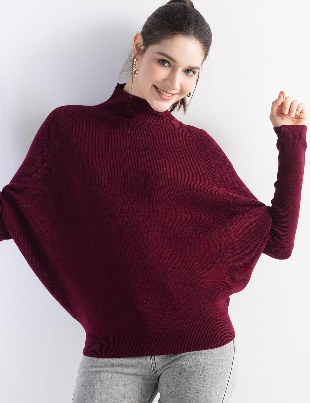 Merino Wool Blend Oversized Mock Neck Batwing Knit Sweater
