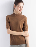 Merino Wool Blend Mock Neck Short Sleeve Seamless Knit Sweater
