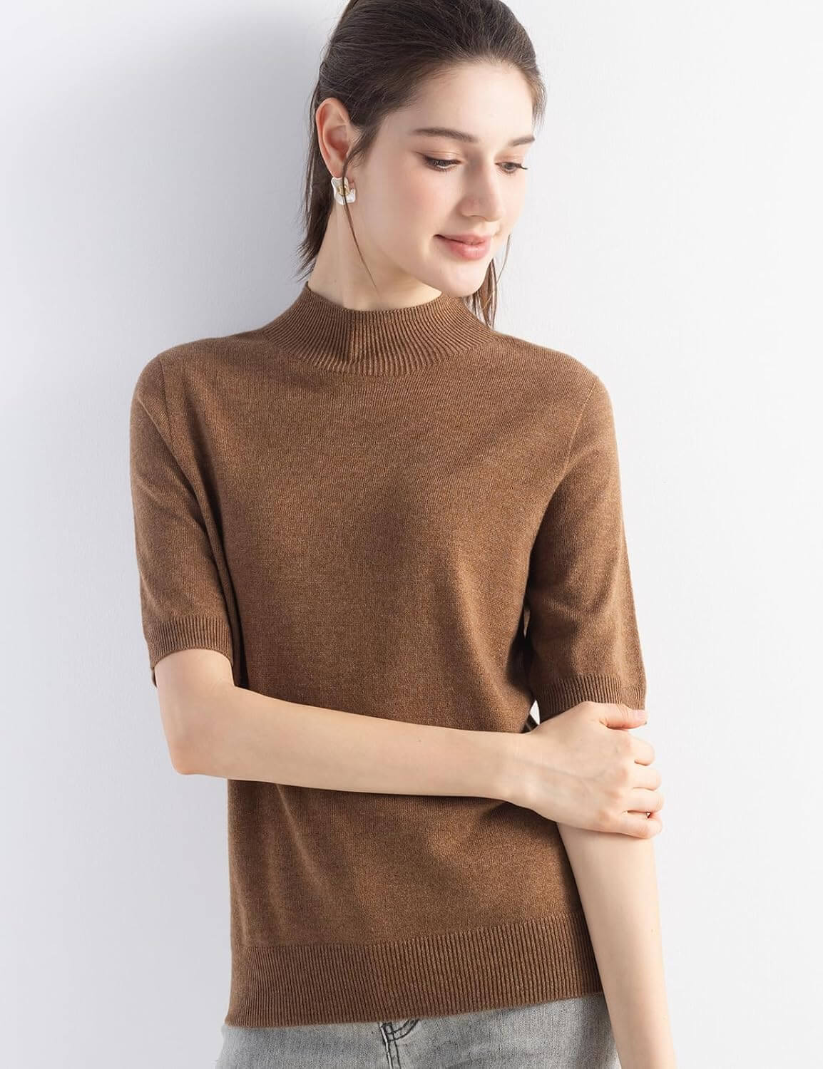 Merino Wool Blend Mock Neck Short Sleeve Seamless Knit Sweater