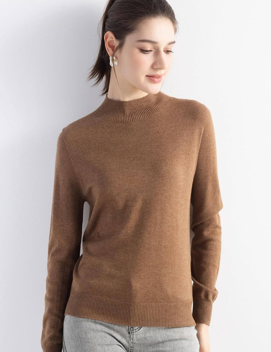 Merino Wool Blend Mock Neck Seamless Knit Sweater