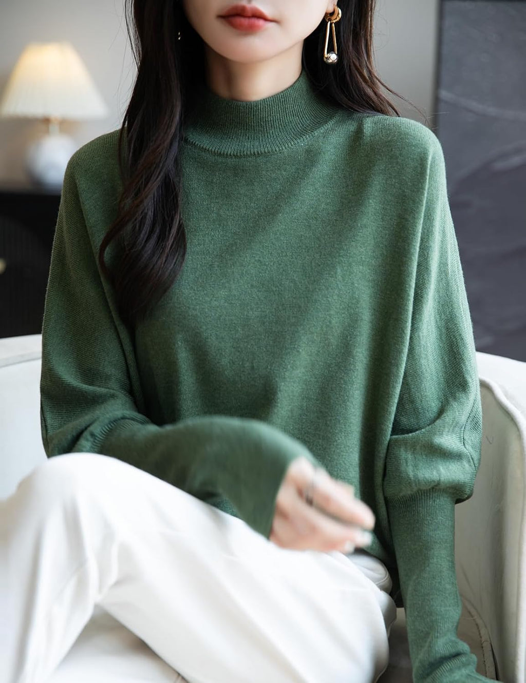 Merino Wool Blend Mock Neck Batwing Sleeve Sweater
