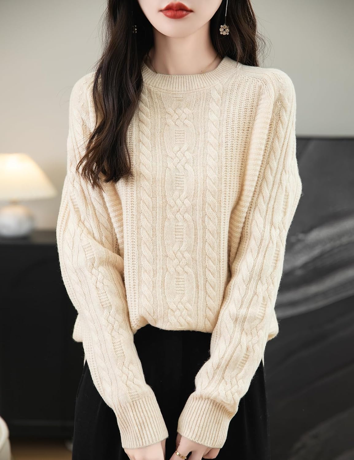100% Merino Wool Crewneck Cable Knit Sweater