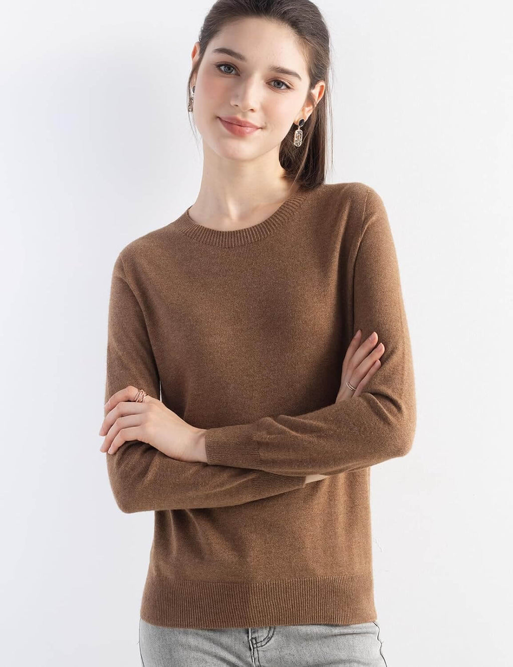 Merino Wool Blend Crew Neck Seamless Knit Sweater
