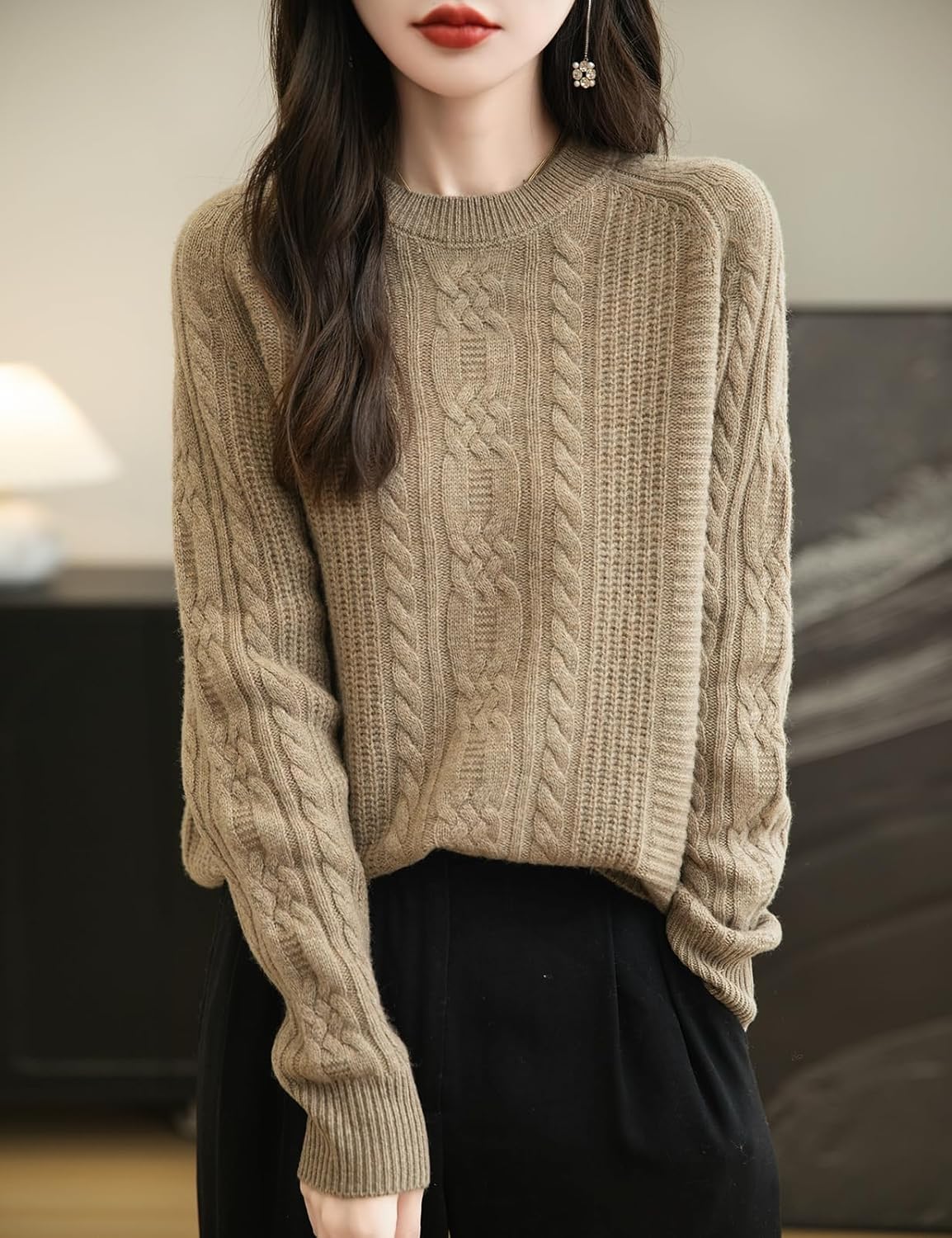 100% Merino Wool Crewneck Cable Knit Sweater
