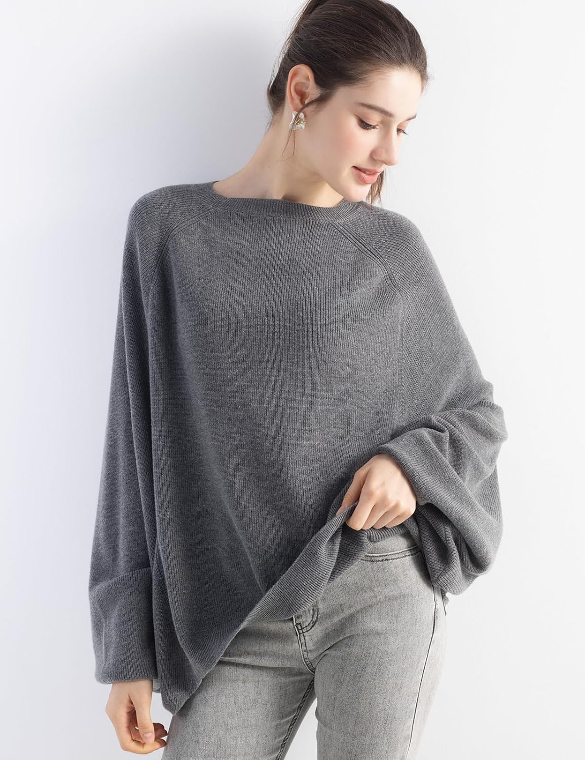 Merino Wool Blend Oversized Crewneck Batwing Sweater