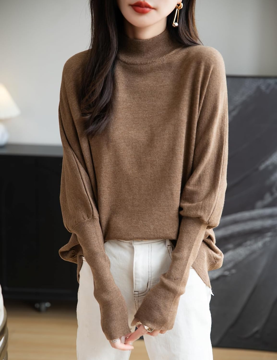 Merino Wool Blend Mock Neck Batwing Sleeve Sweater