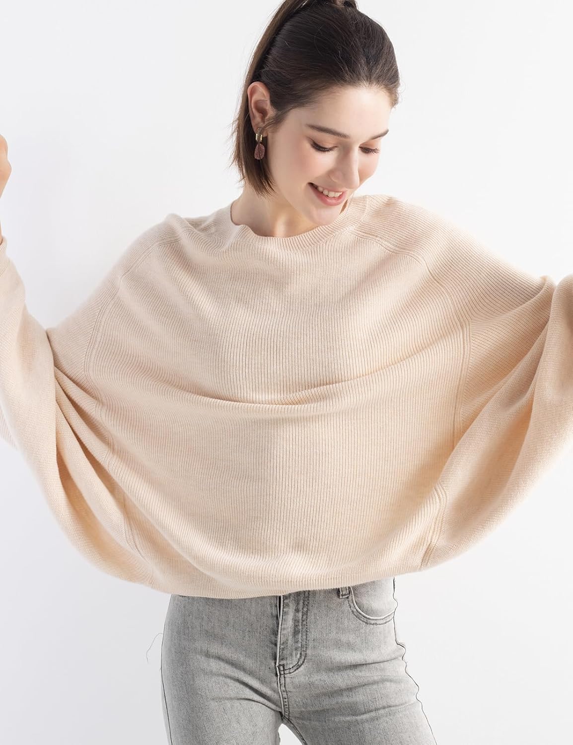 Merino Wool Blend Oversized Crewneck Batwing Sweater