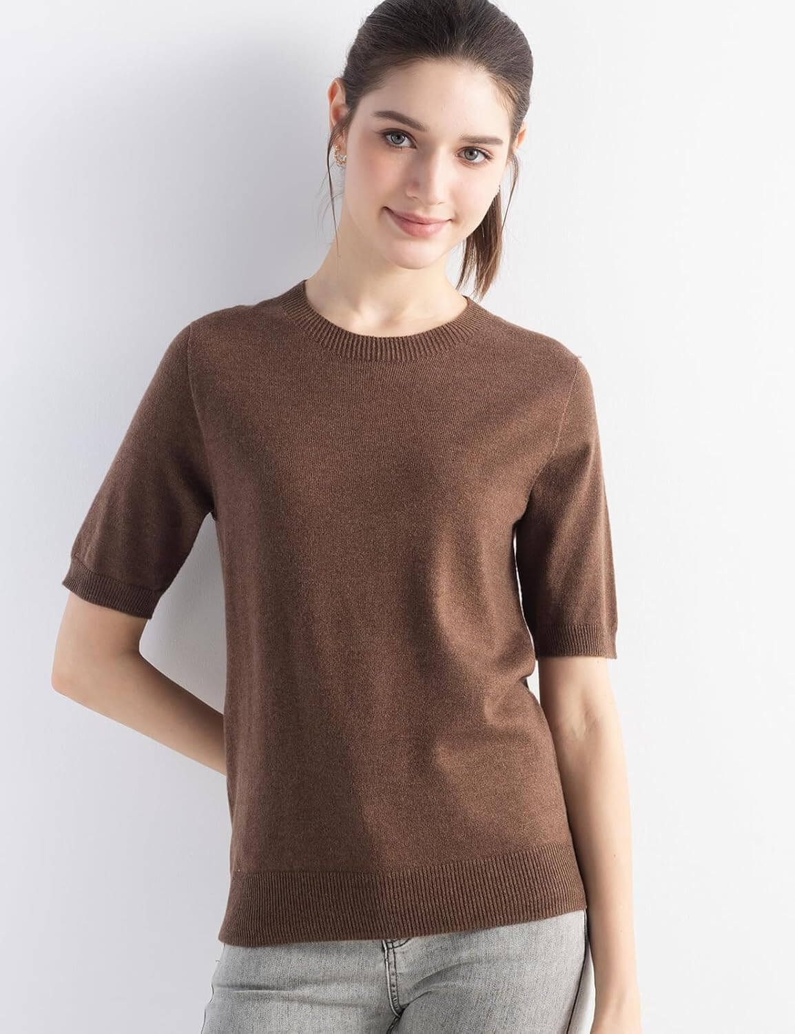 Merino Wool Blend Crew Neck Short Sleeve Seamless Knit Sweater