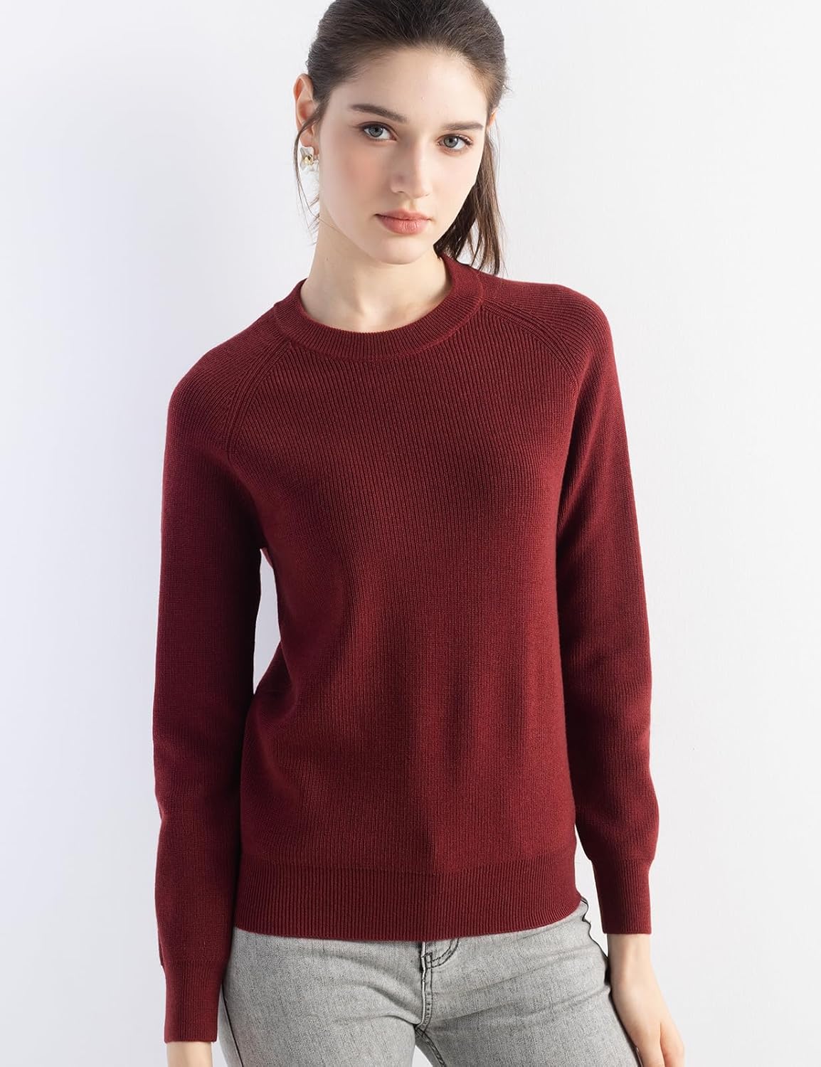 Merino Wool Blend Crew Neck Knit Sweater