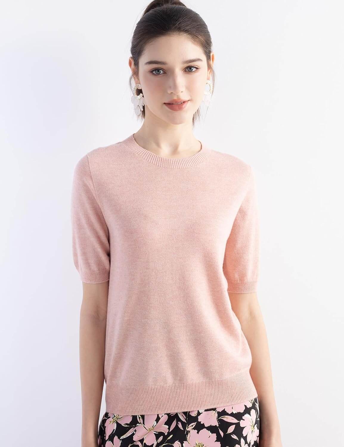 Merino Wool Blend Crew Neck Short Sleeve Seamless Knit Sweater
