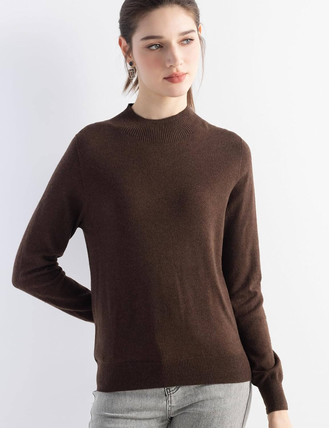Merino Wool Blend Mock Neck Seamless Knit Sweater