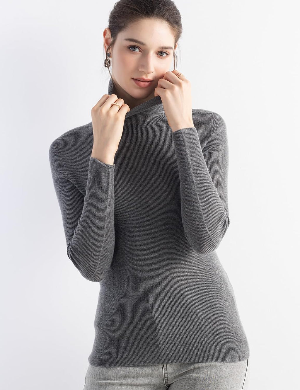 Merino Wool Blend Ribbed Turtleneck Slim Fit Sweater