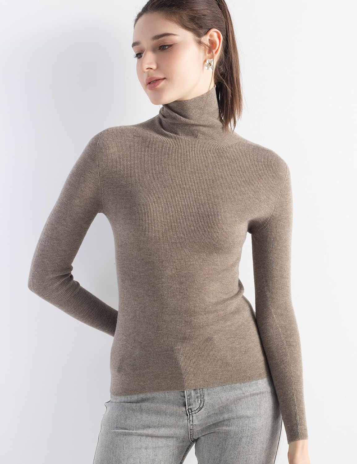 Merino Wool Blend Ribbed Turtleneck Slim Fit Sweater